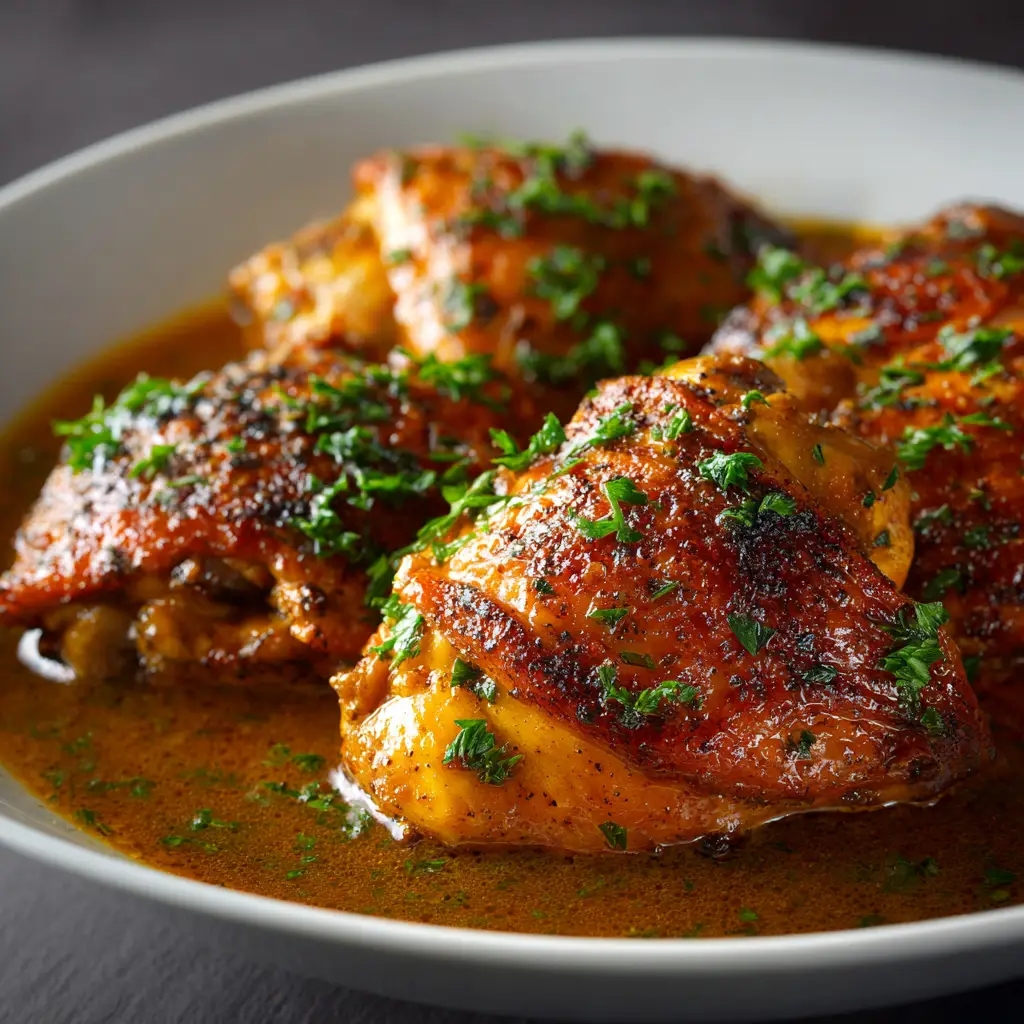 Searing chicken thighs in a hot skillet before adding them to the crock pot to lock in flavor.