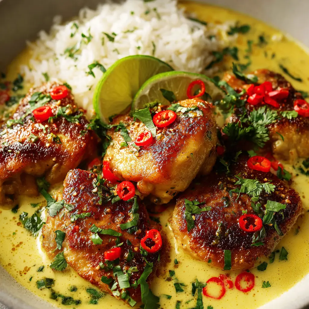 A spoonful of Brazilian Coconut Chicken held up over a skillet, showing a perfect bite with chicken and sauce. The background shows the full dish ready to be served.