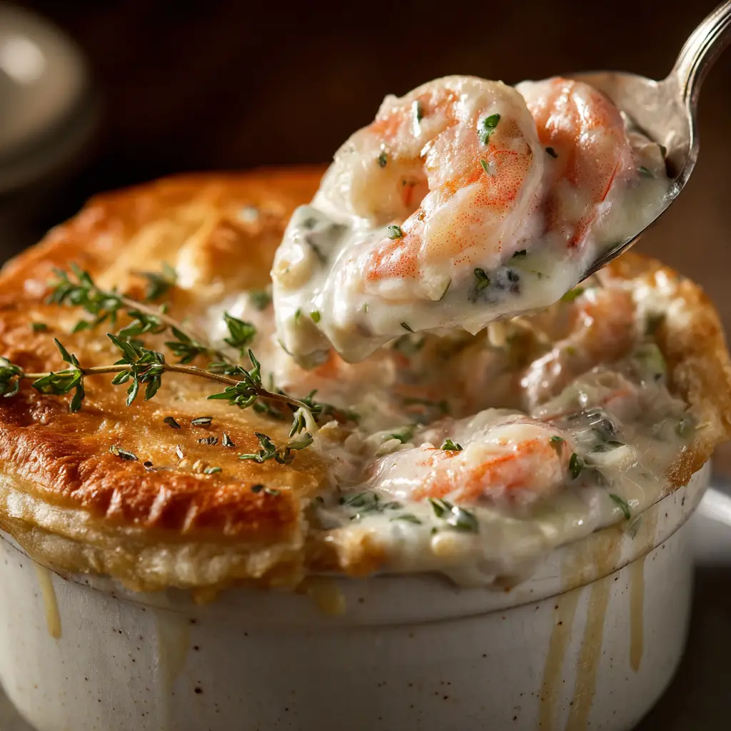 A spoonful being lifted from the Cheddar Bay Seafood Pot Pie, showcasing the flaky biscuit topping and the hearty filling underneath.