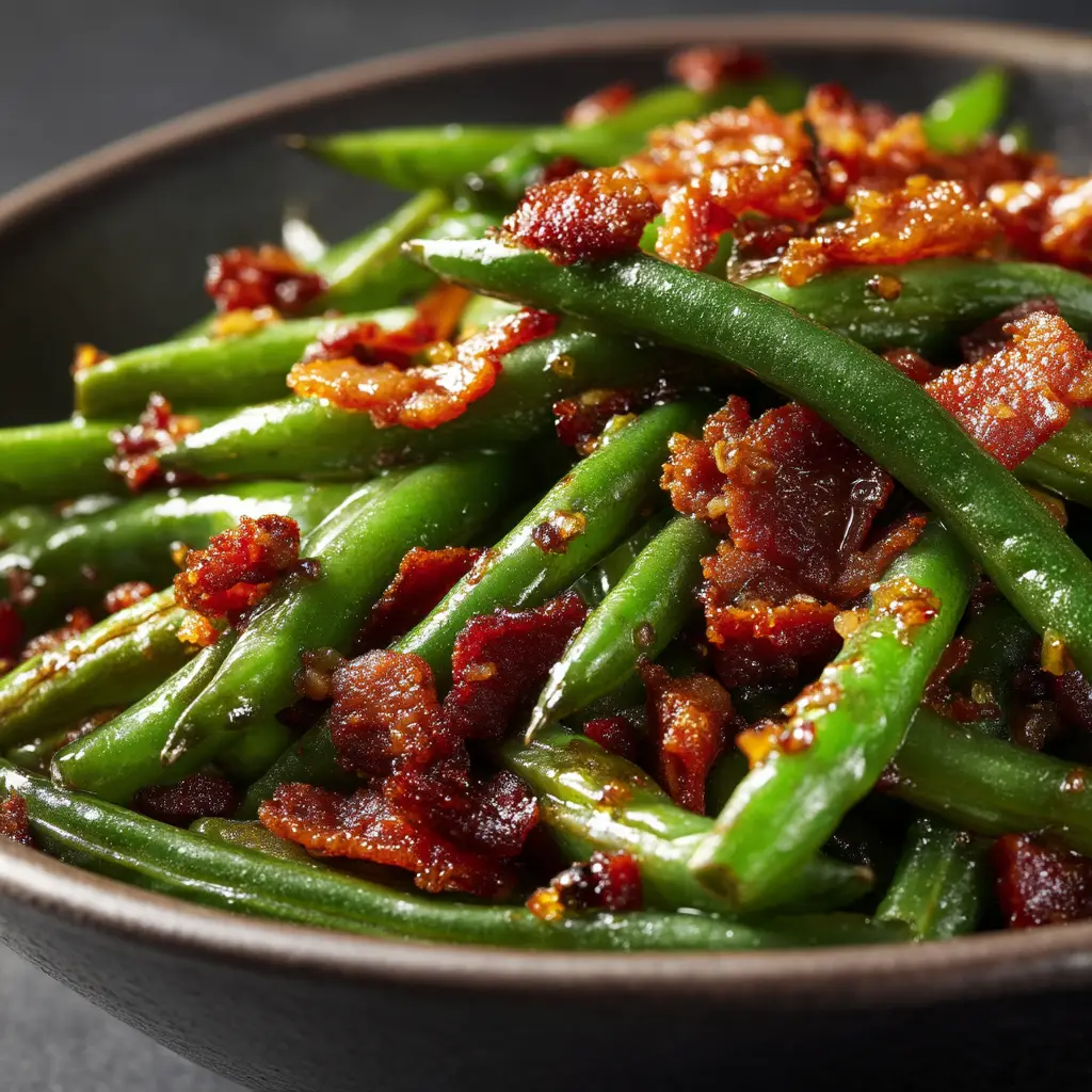Crack Green Beans: The Addictive Side Dish You Can't Resist 1 A spoonful of crack green beans being lifted from a baking dish, showing off the glistening sauce and bits of crispy bacon.