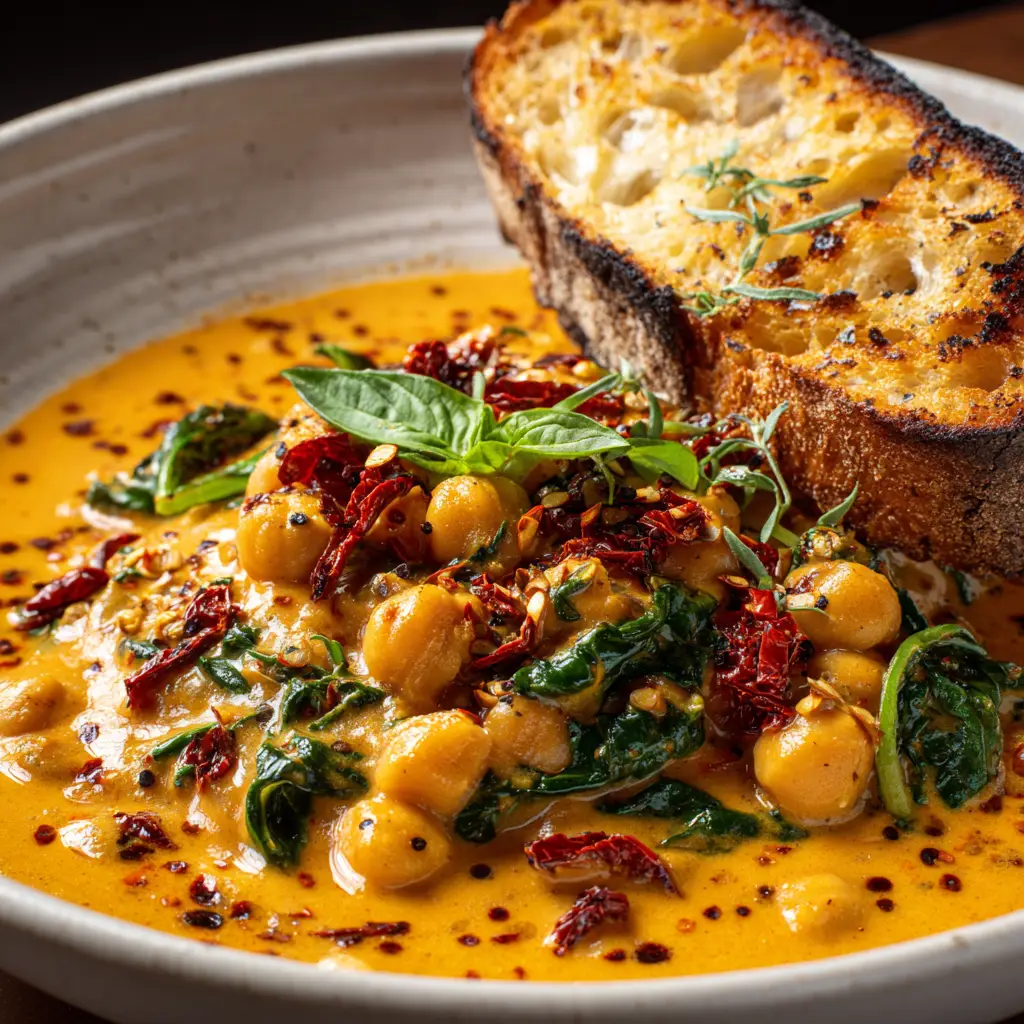 Creamy Chickpeas: The Ultimate 20-Minute Weeknight Recipe 1 A beautiful serving of the finished creamy chickpea recipe in a rustic bowl, ready to be served with a piece of crusty bread.