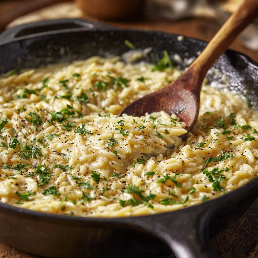 A spoonful of creamy garlic parmesan orzo being lifted from a skillet, showing the delicious, cheesy sauce.