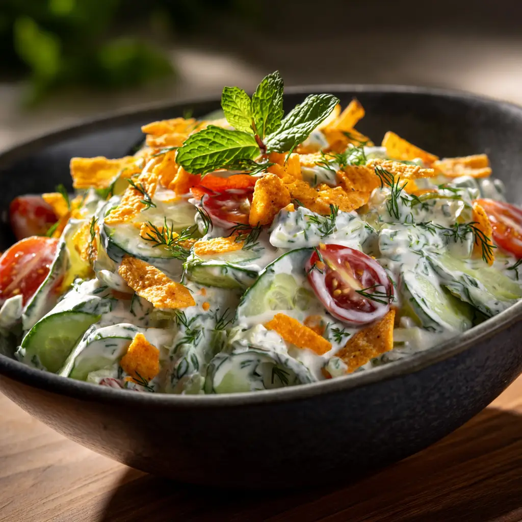 A spoonful of cucumber ranch salad being lifted from a bowl, showcasing the thinly sliced cucumbers coated in dressing.