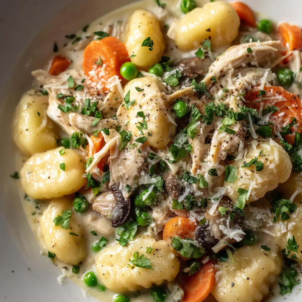 A spoonful of Gnocchi Chicken Pot Pie being lifted from a skillet, showing the creamy texture and tender ingredients.