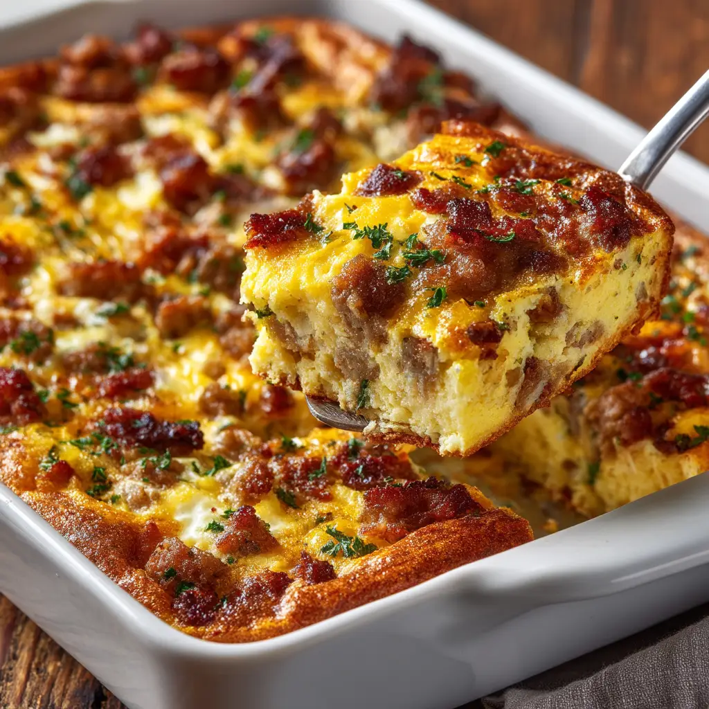 A spatula lifting a perfect slice of the make-ahead breakfast casserole from the baking dish, revealing the layers of bread, sausage, and egg.