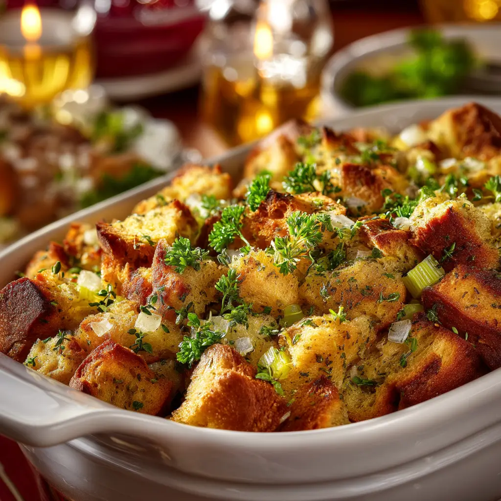 A spoonful of moist stuffing being lifted from a baking dish, showcasing its perfect consistency.