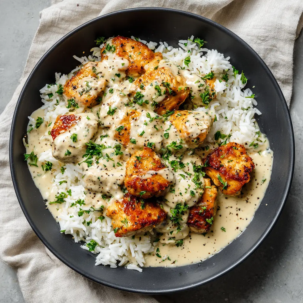 A spoonful of the one-pan smothered chicken and rice being lifted from the skillet, showcasing the tender chicken and perfectly cooked rice.