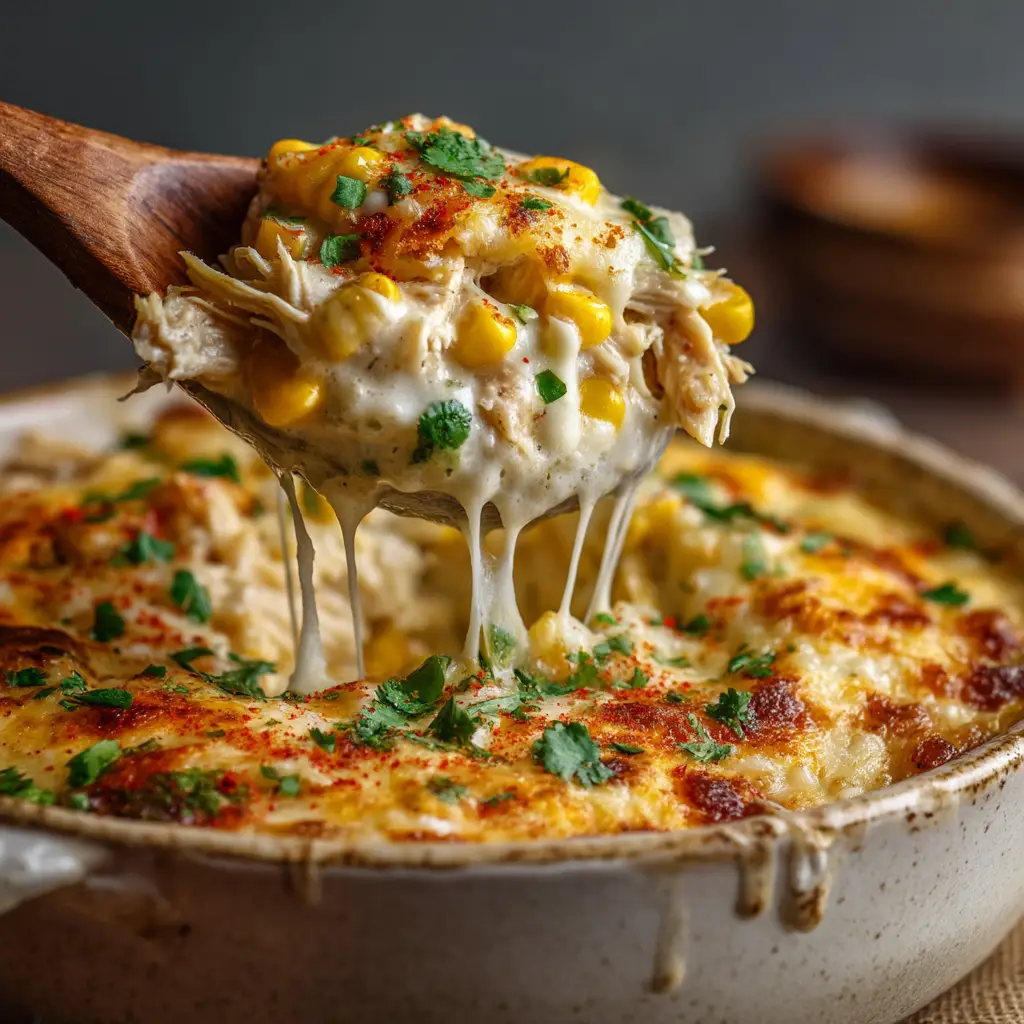 A scoop of creamy Mexican street corn chicken casserole on a spatula, ready to be served.