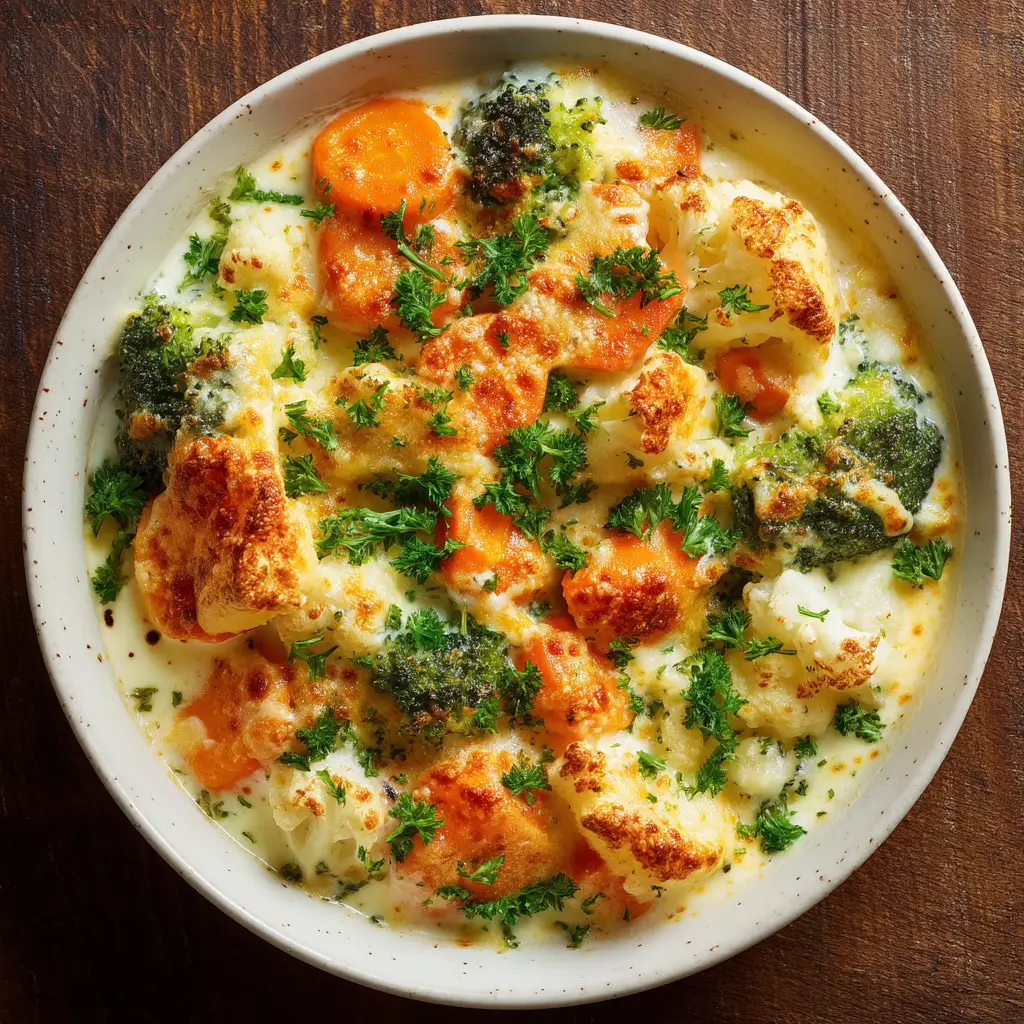 A spoonful of the winter vegetable casserole being lifted from the baking dish, showcasing the creamy sauce and tender root vegetables.