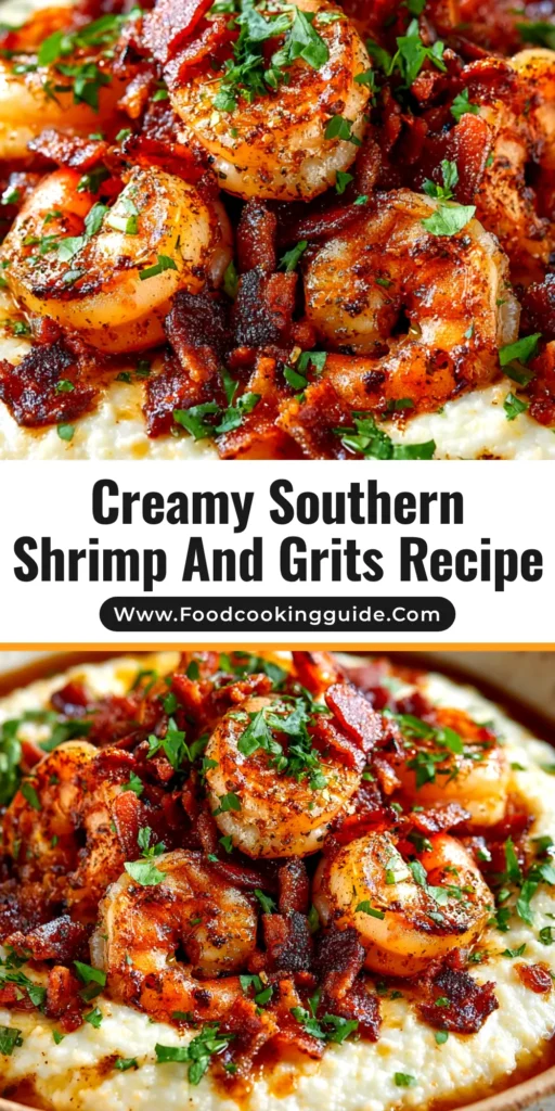 Shrimp and Grits Recipe (The Ultimate Southern Classic) 4 A top-down view of a rustic white bowl filled with a classic Shrimp and Grits Recipe, garnished with fresh herbs and bacon.