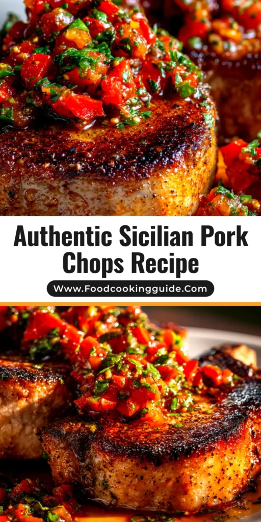 A plate of perfectly cooked Sicilian Pork Chops, smothered in a rustic sauce of red and yellow bell peppers and onions. The pork chop has a beautiful golden-brown sear.