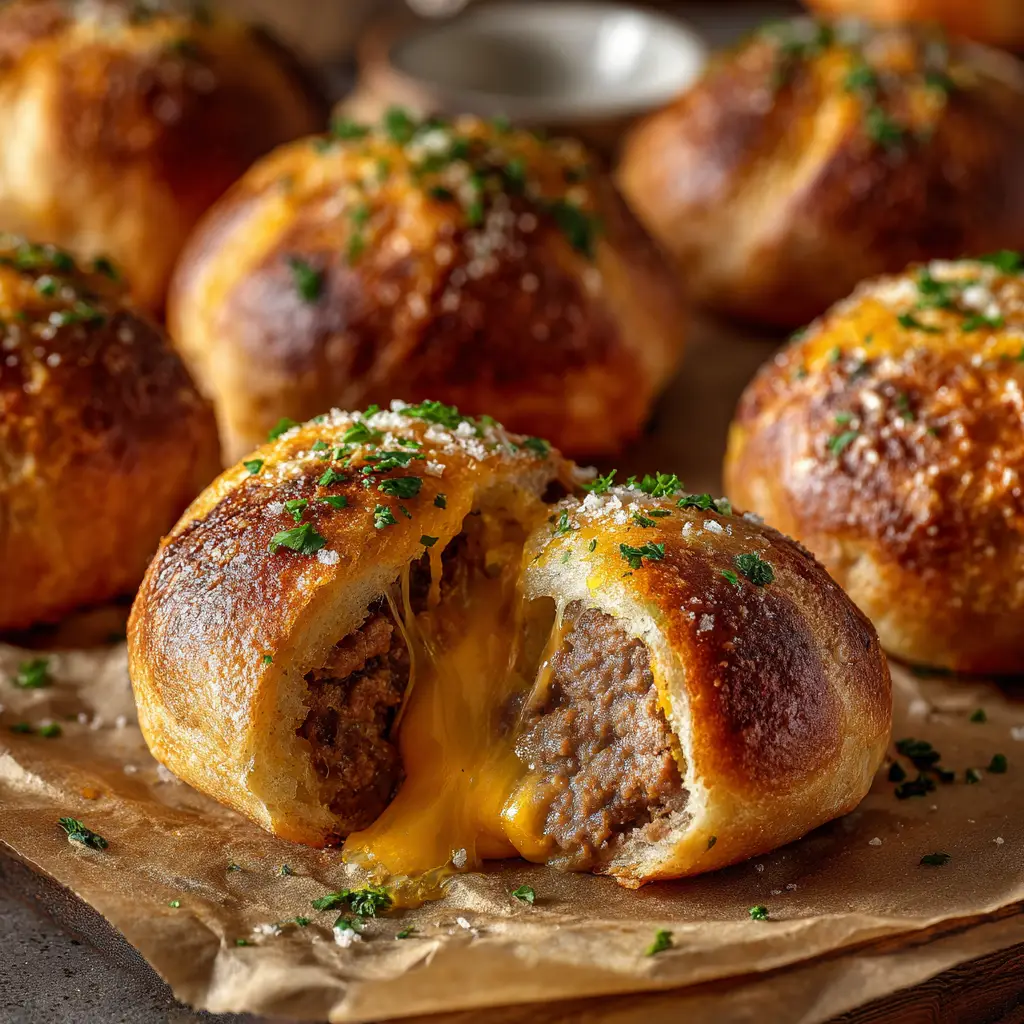 A batch of baked cheeseburger biscuit bombs in a skillet, brushed with garlic butter and parsley, ready to be served.