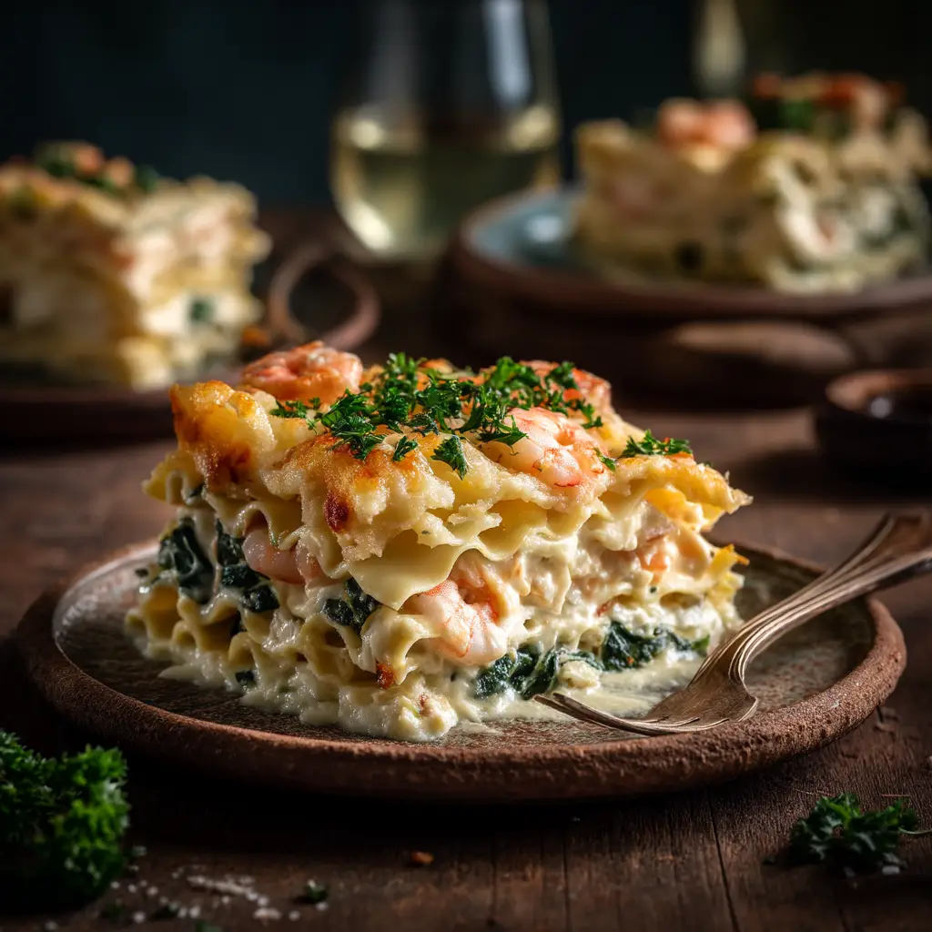 A generous square slice of creamy seafood lasagna on a white plate, showing the distinct layers of pasta, seafood, and white sauce.
