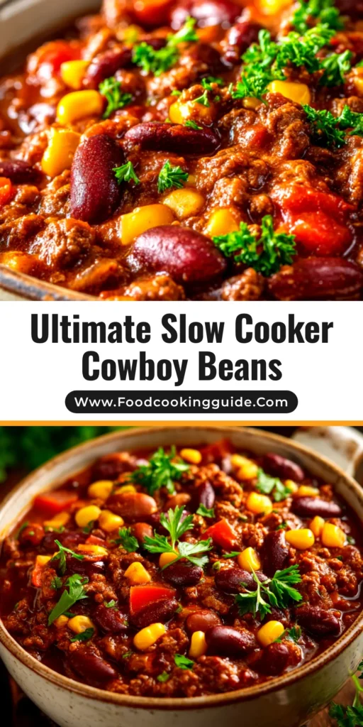 A delicious bowl of slow cooker cowboy beans with a serving spoon, ready to be shared. The perfect hearty side dish.