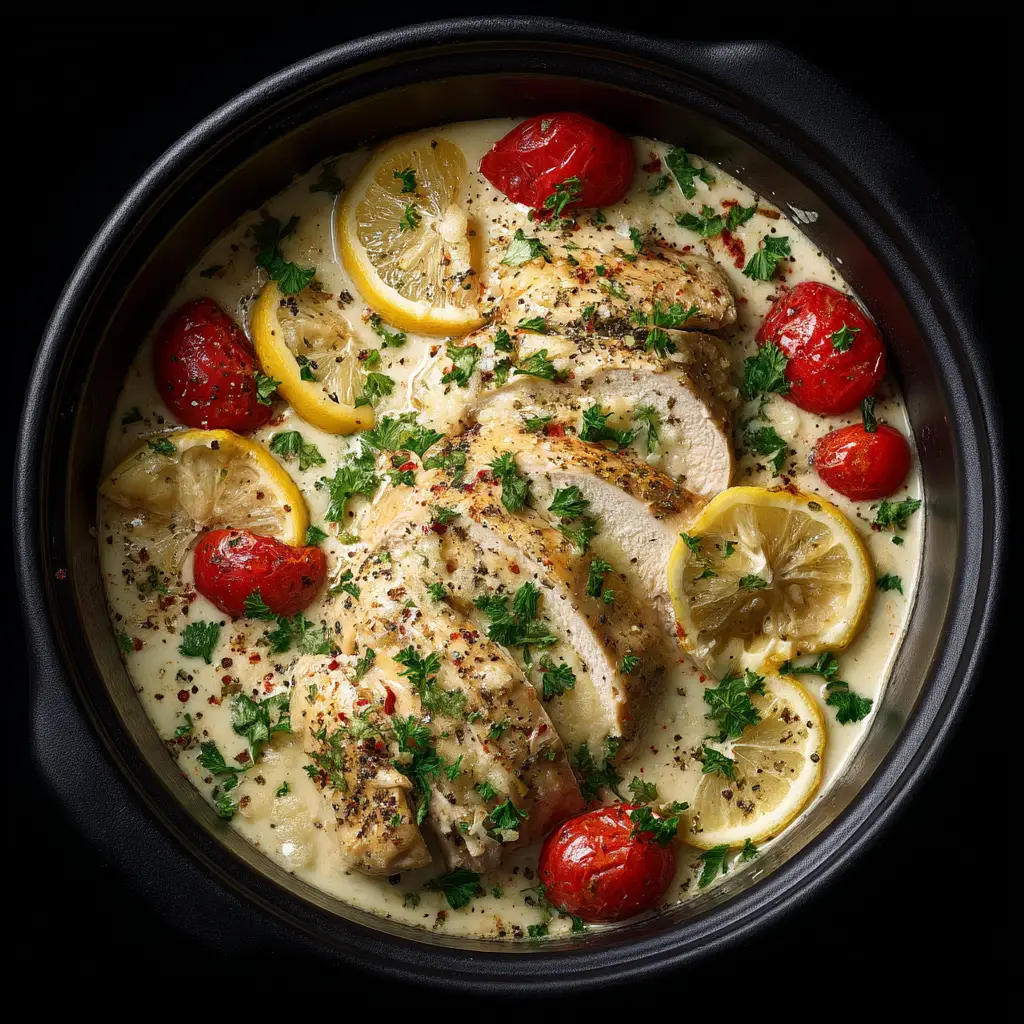 An overhead shot of slow cooker creamy garlic parmesan chicken in a rustic bowl, ready to be served over a bed of fettuccine pasta.