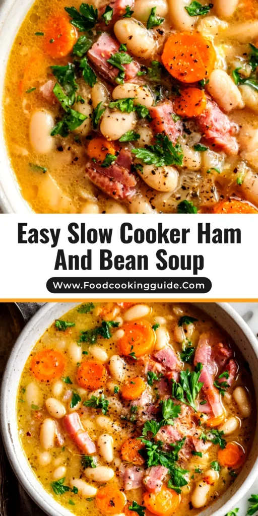 A delicious bowl of slow cooker ham and bean soup, ready to be served. The soup is thick and hearty, with visible chunks of ham, white beans, and vegetables.