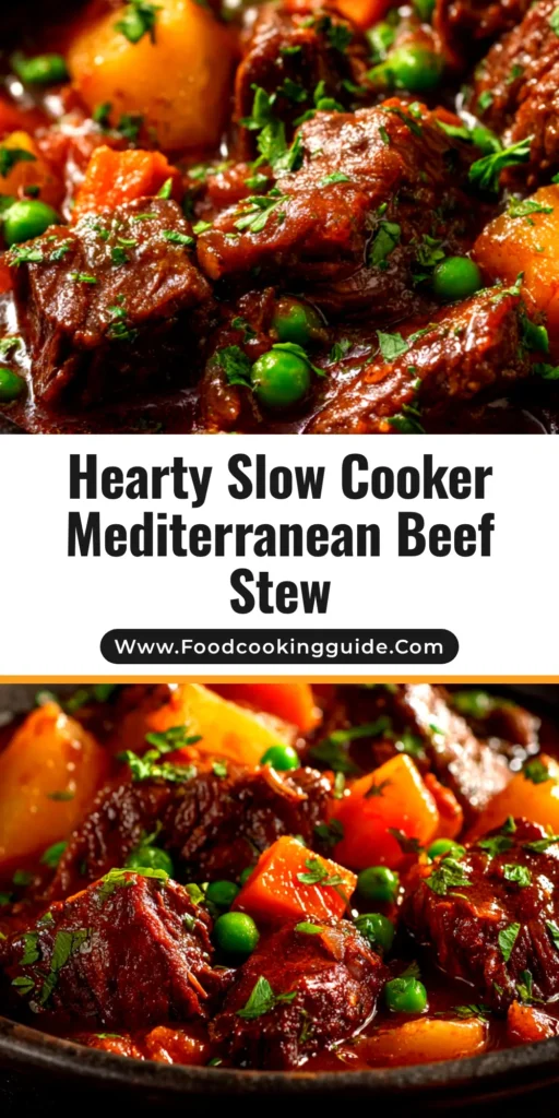 A bowl of Slow Cooker Mediterranean Beef Stew, garnished with feta and parsley, ready to be shared on Pinterest.