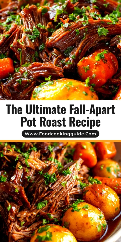 A close-up of a tender slow cooker pot roast, shredded and served on a platter with cooked carrots and potatoes, drizzled with rich brown gravy. The perfect comfort food meal.