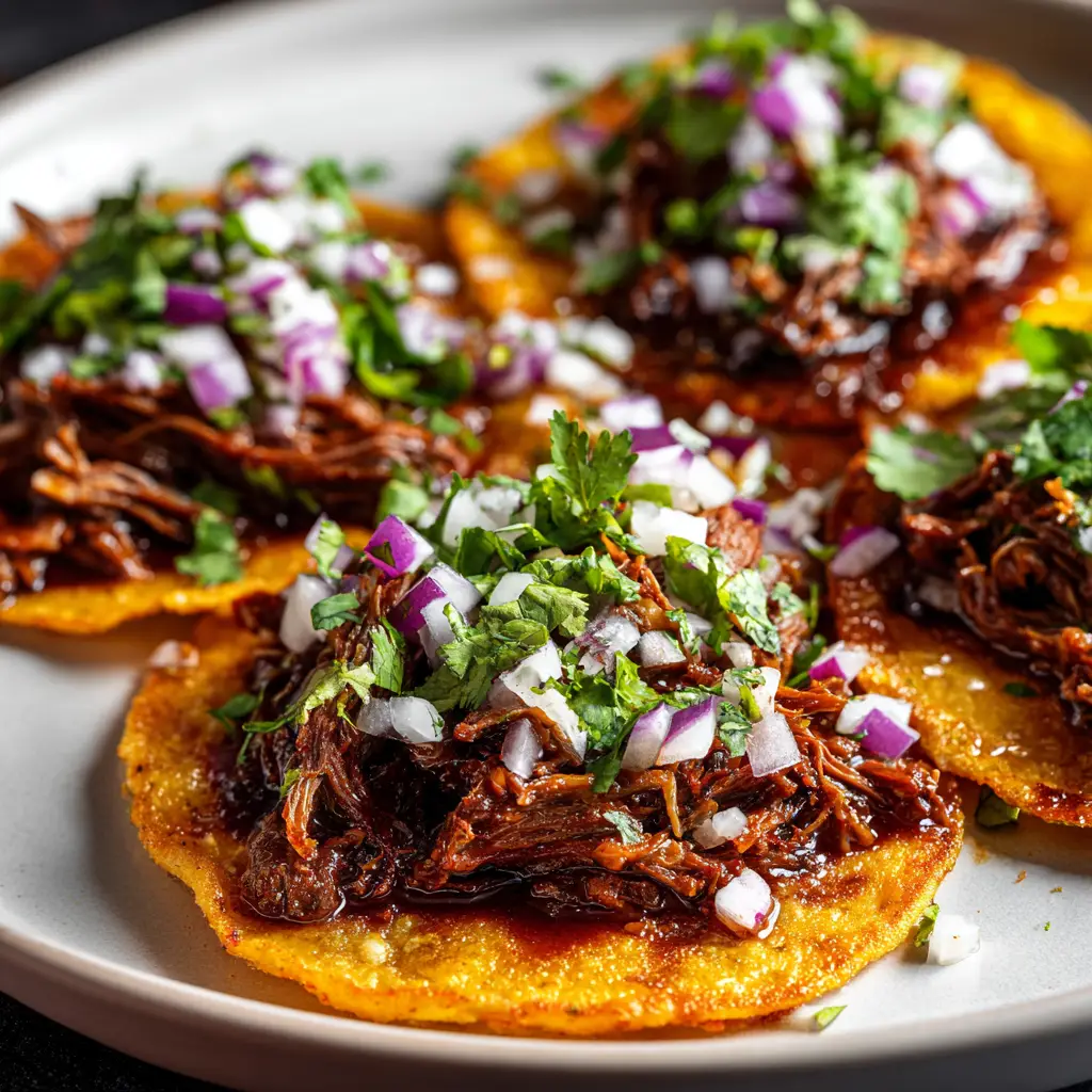 A close-up of a crispy quesabirria taco made with slow cooker birria beef, showing the melted Oaxaca cheese and tender shredded meat inside.