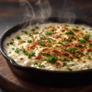 A close-up shot of smooth white cheddar beer cheese in a cast iron skillet, showing its creamy texture.