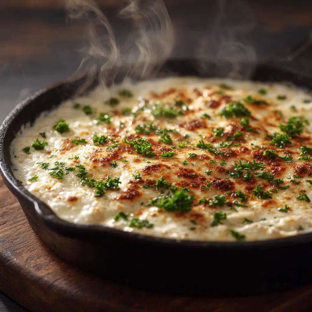A close-up shot of smooth white cheddar beer cheese in a cast iron skillet, showing its creamy texture.