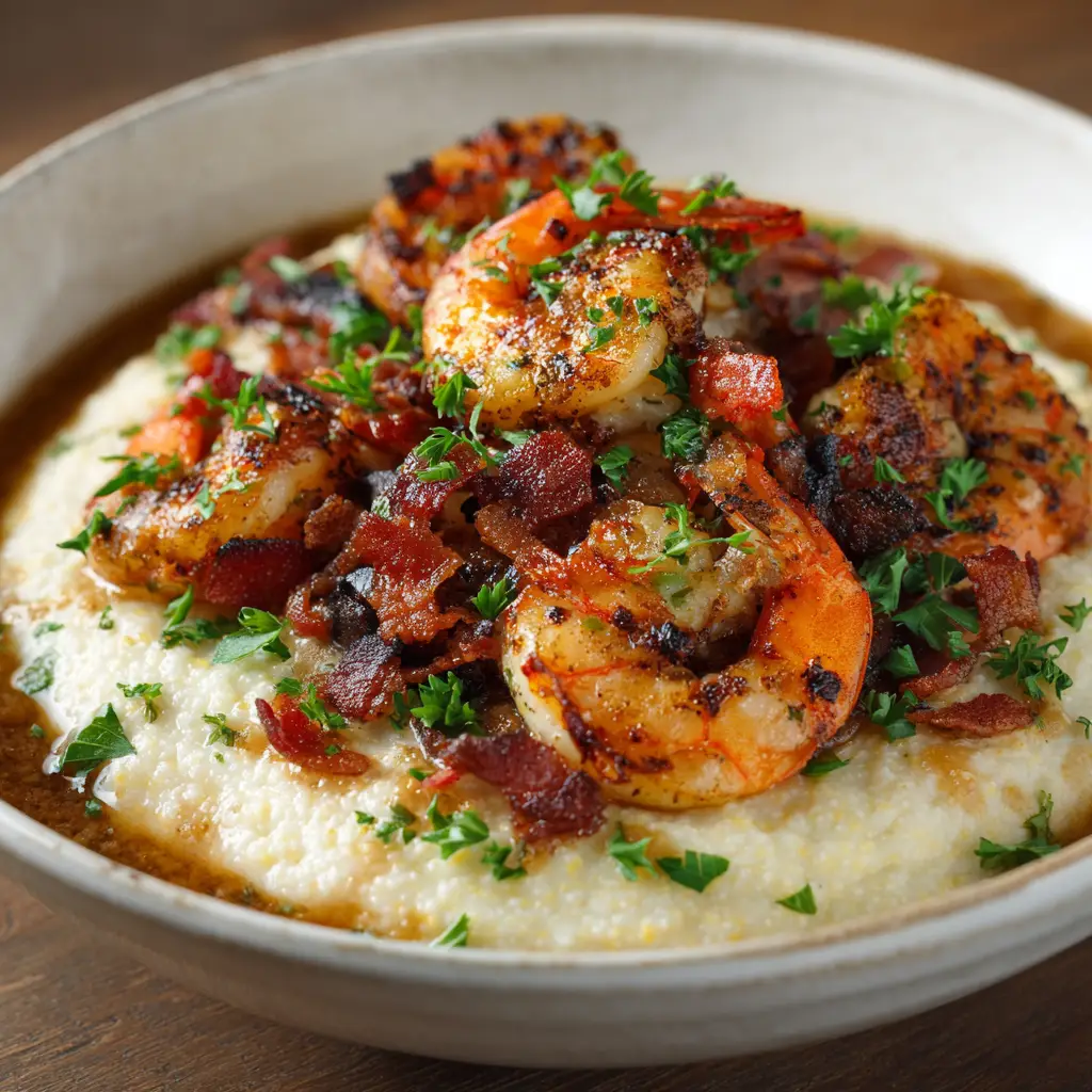 Shrimp and Grits Recipe (The Ultimate Southern Classic) 1 A spoonful of Southern shrimp and grits, showing a juicy piece of shrimp, creamy grits, and a piece of crispy bacon.