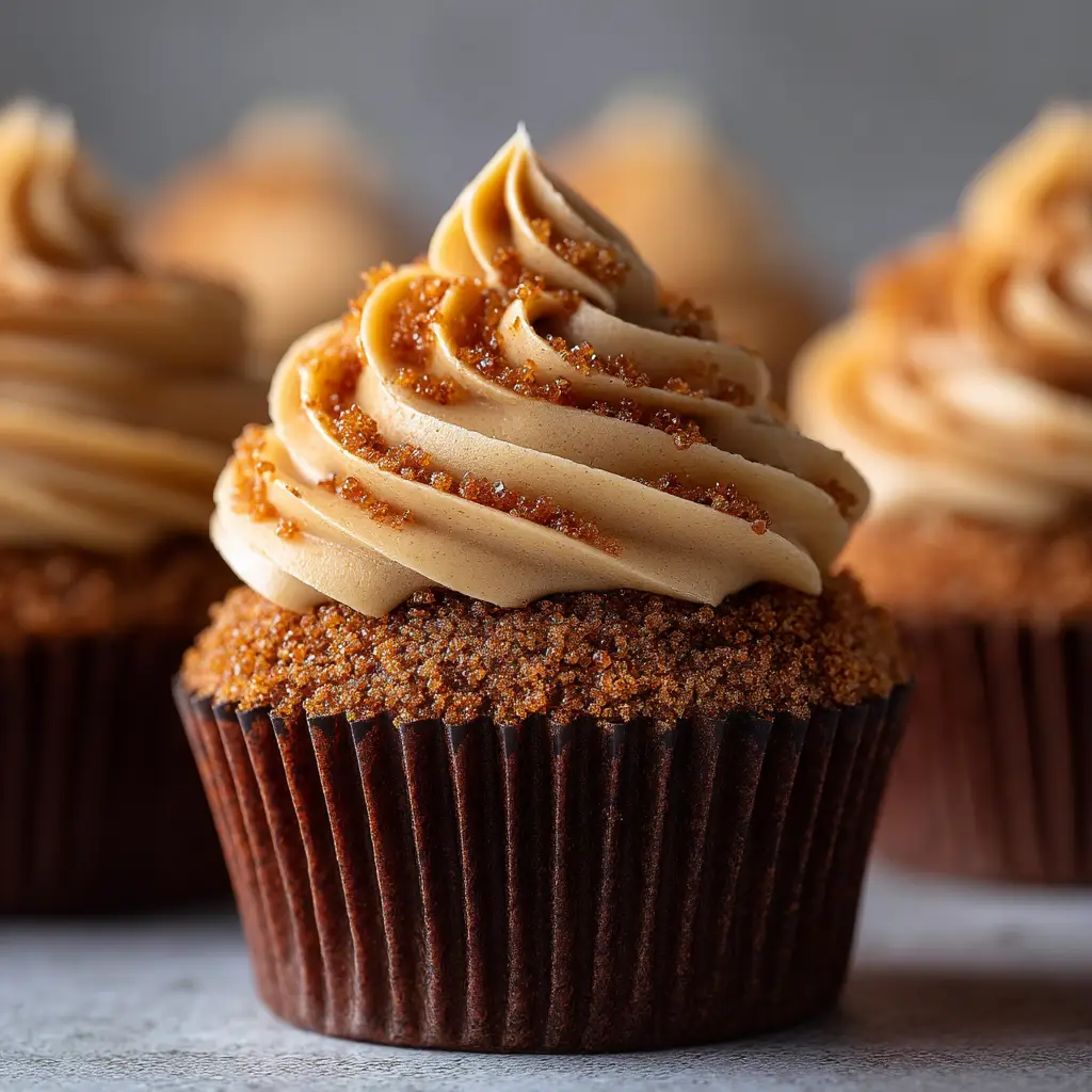 Extreme close-up of a spiced gingerbread cupcake, showing the moist and tender crumb.