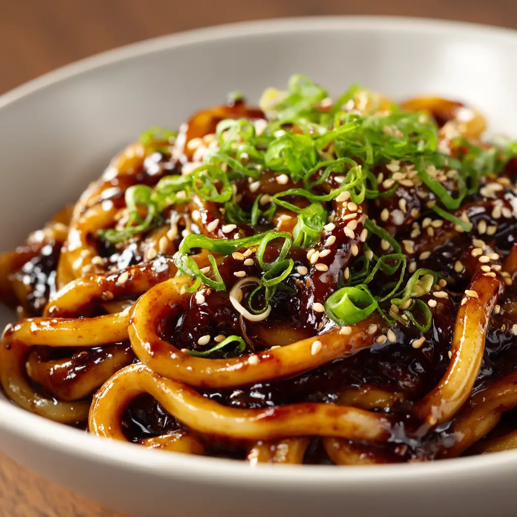 A vibrant bowl of udon noodles tossed in a spicy red gochujang sauce, topped with sesame seeds.