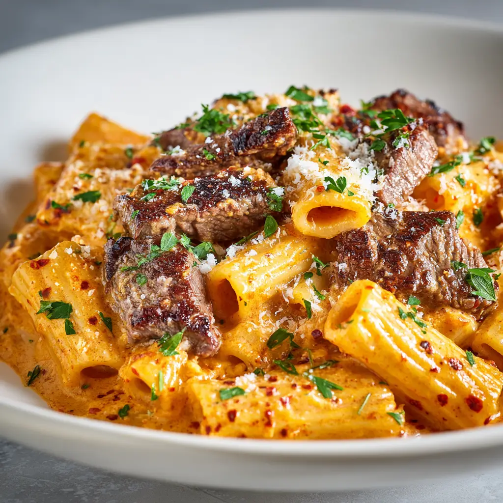A serving of spicy steak pasta with a creamy Cajun sauce, garnished with fresh herbs.