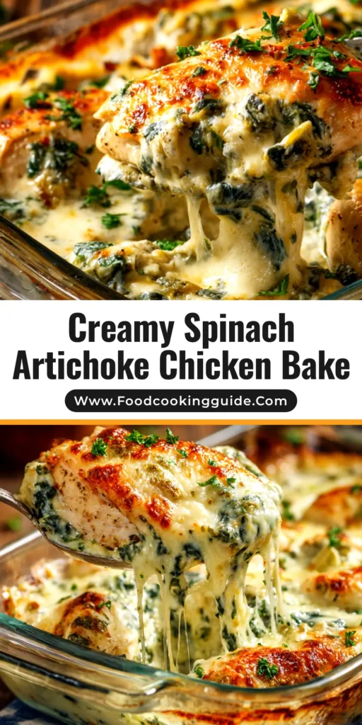 A delicious and creamy Spinach Artichoke Chicken Bake in a cast iron skillet, topped with bubbly, golden-brown melted cheese and garnished with fresh parsley.