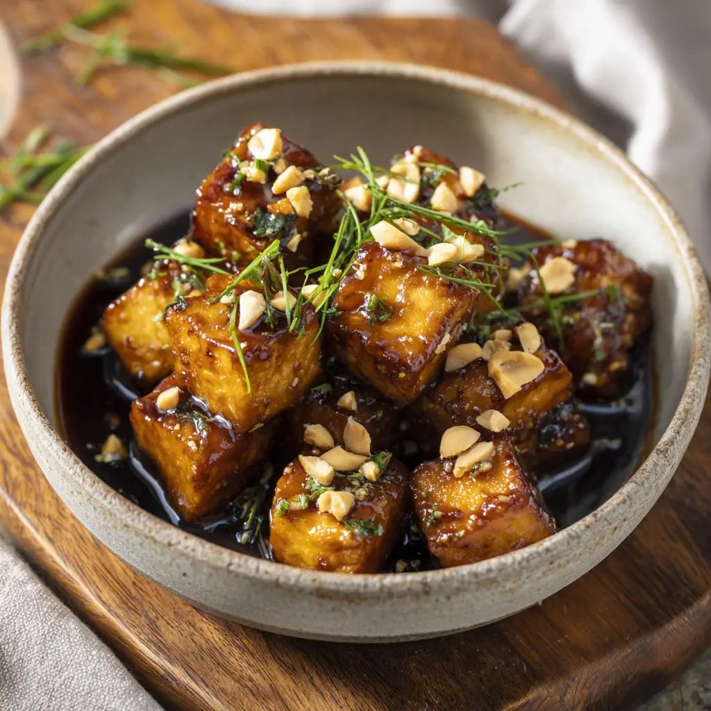 Honey Garlic Air Fryer Tofu: Crispy, Quick & Easy Recipe 1 A side-angle shot showing the glossy honey garlic sauce coating the crispy air fryer tofu. This demonstrates the perfect texture of the healthy tofu recipe.