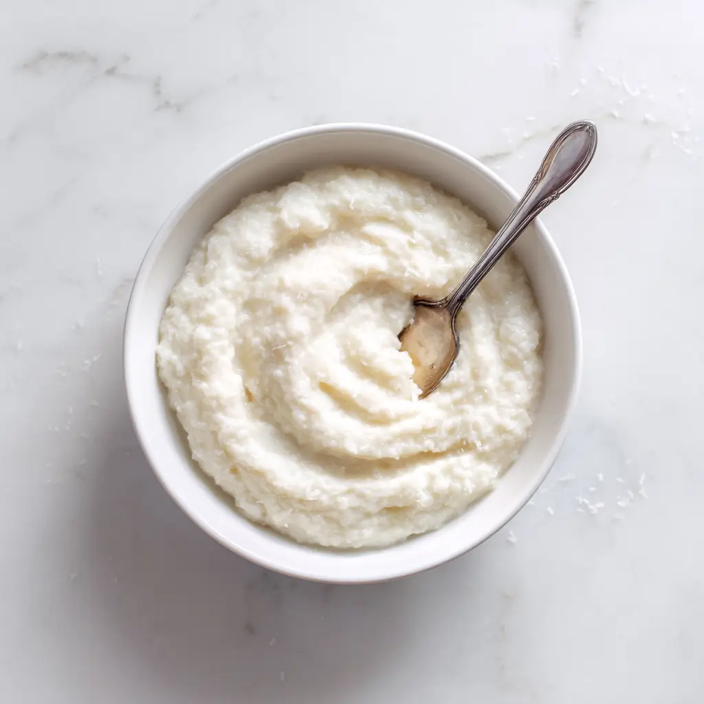 Coconut Rice Pudding: The Ultimate Creamy & Easy Recipe 1 A close-up shot of a spoonful of stovetop coconut rice pudding, showing the tender grains of rice in the creamy coconut sauce.