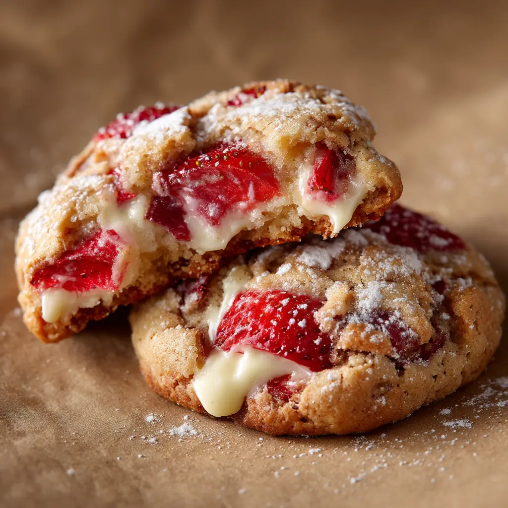 The dough for strawberry cheesecake cookies being scooped onto a parchment-lined baking sheet, ready for the oven.