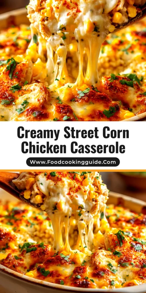 A delicious and creamy street corn chicken casserole baked in a white dish, topped with fresh cilantro and cotija cheese. Perfect for an easy weeknight dinner.