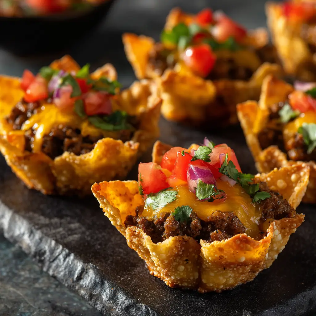 Home 8 An overhead close-up shot of mini Taco Ranch Bites fresh out of the oven in a muffin tin.