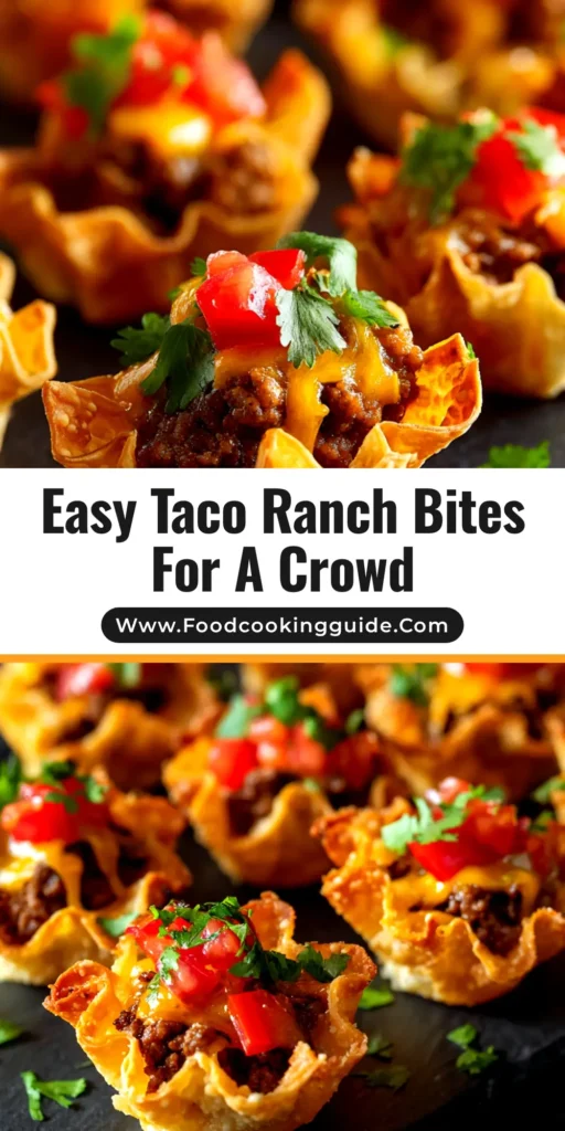 Taco Ranch Bites: The Ultimate Crowd-Pleasing Appetizer 3 A shareable pin image of Taco Ranch Bites, showing crispy wonton cups filled with seasoned beef and melted cheese, with text overlay for Pinterest.
