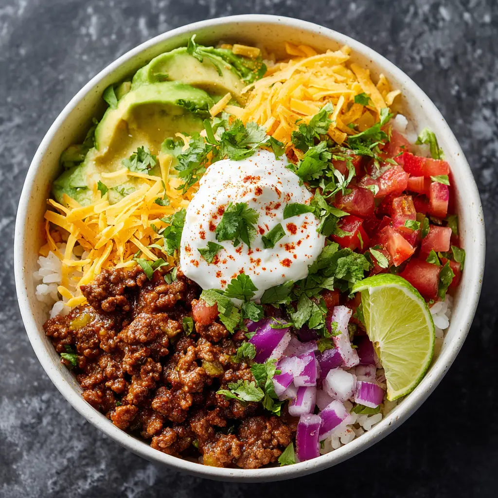 A beautiful taco bowl prepared for meal prep, with seasoned beef and rice layered with corn, beans, and cheese, ready to be enjoyed.