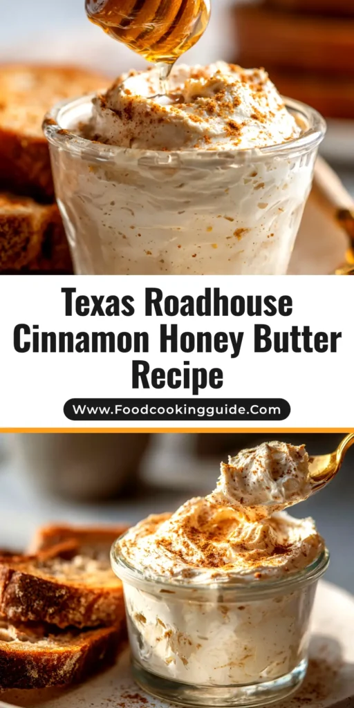 A shareable pin image showing a bowl of Texas Roadhouse cinnamon honey butter next to warm dinner rolls, with recipe title text overlay.