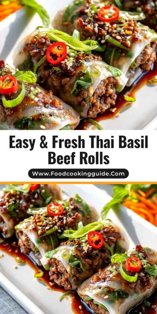 Thai Basil Beef Rolls (Fresh & Easy Recipe) 3 A platter of freshly made Thai Basil Beef Rolls, cut in half to show the vibrant filling of beef, herbs, and noodles, with a side of dipping sauce.