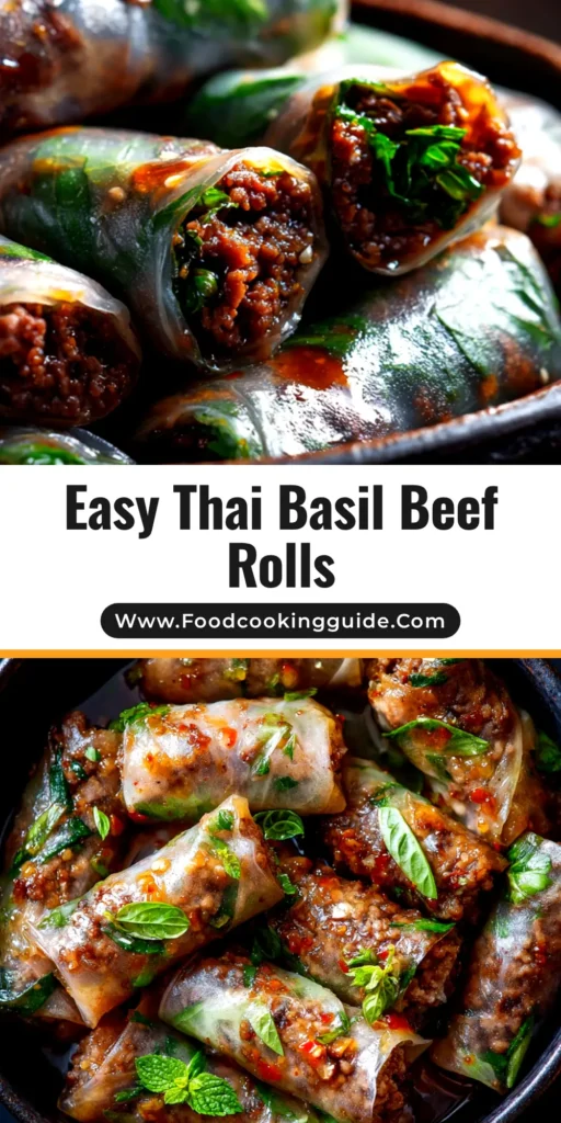 Thai Basil Beef Rolls (The Perfect Fresh & Spicy Appetizer) 3 A platter of fresh Thai basil beef rolls, cut in half to show the vibrant beef and vegetable filling, served with a side of dipping sauce.