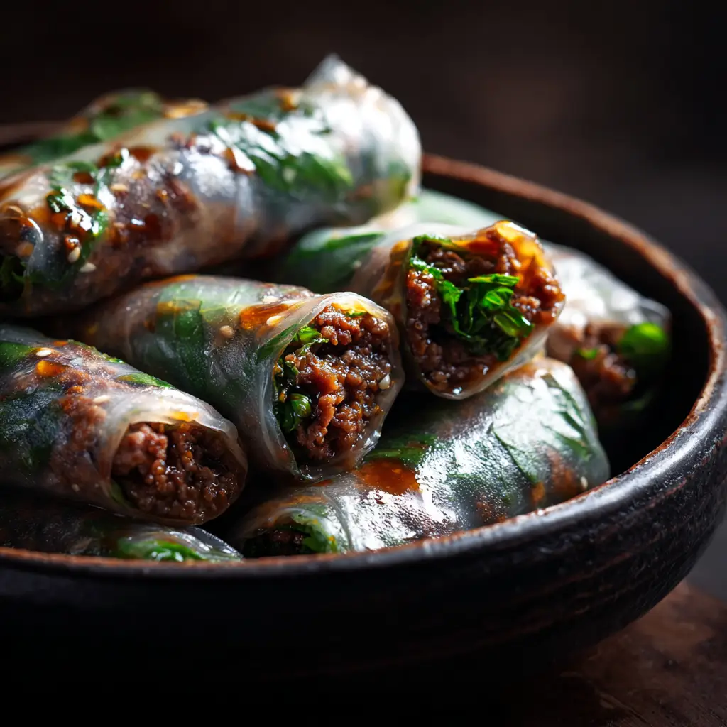 Thai Basil Beef Rolls (The Perfect Fresh & Spicy Appetizer) 2 A close-up macro shot of a single Thai basil beef roll, highlighting the texture of the rice paper and the fresh ingredients inside.