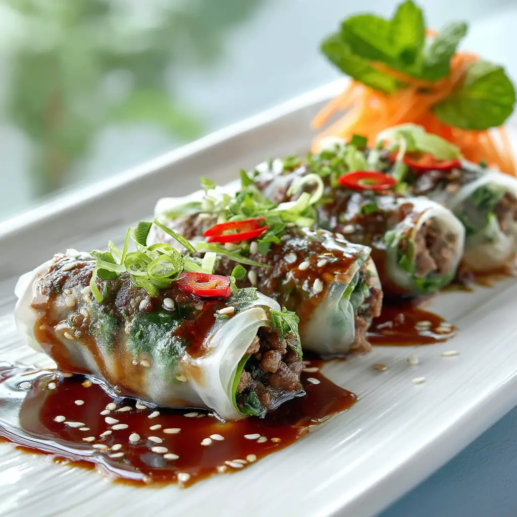 A close-up shot of the savory ground beef filling for Thai basil beef rolls being cooked in a skillet with garlic and ginger.