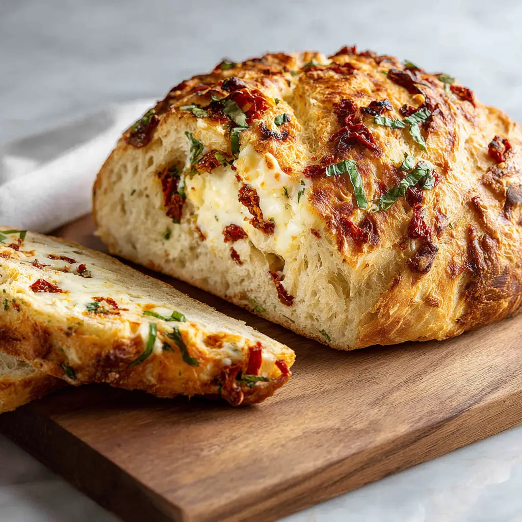 A close-up slice of fresh tomato basil bread, revealing the soft, airy texture inside with vibrant pieces of tomato and basil.