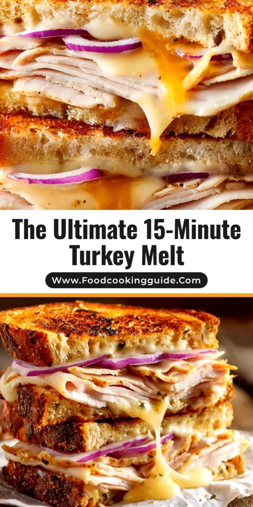 An overhead shot of a perfectly grilled Turkey Melt Sandwich sliced in half to show the gooey melted cheese and layers of turkey. The golden-brown sourdough bread is crispy and inviting.