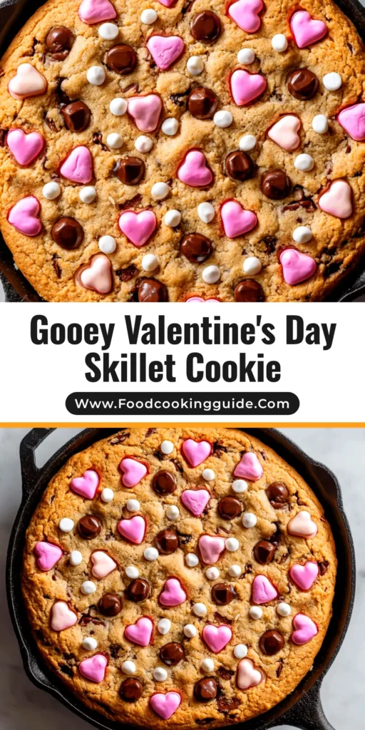 An overhead view of a warm Valentine's Skillet Cookie in a black cast-iron skillet, topped with a scoop of melting vanilla ice cream and two spoons.
