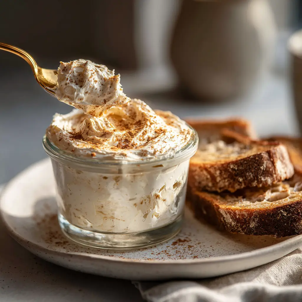 A close-up shot of creamy, whipped cinnamon honey butter in a small white bowl, showing its light and airy texture.