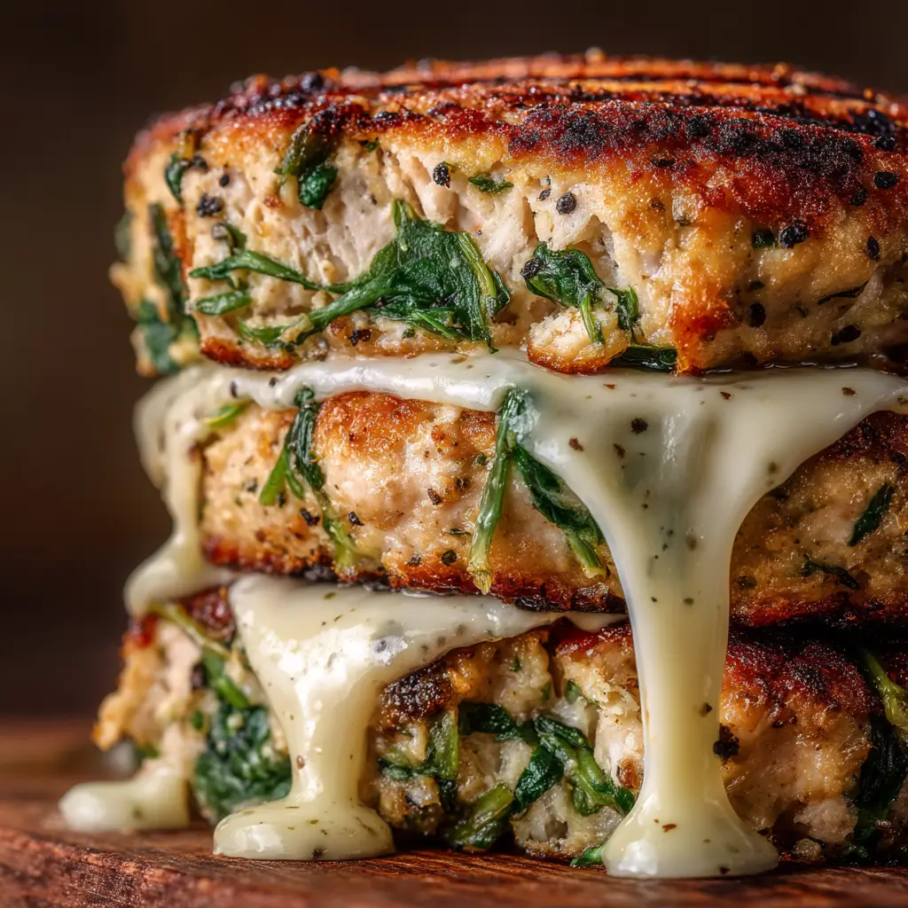 A fully assembled white cheddar and spinach chicken burger on a brioche bun with fresh lettuce and tomato, ready to serve.