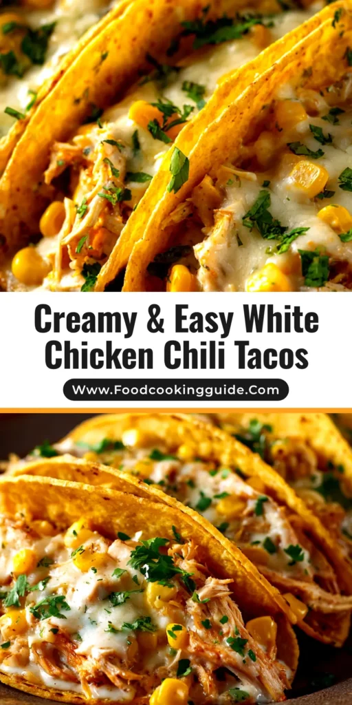 A close-up shot of three delicious white chicken chili tacos lined up on a plate, garnished with fresh cilantro and lime wedges.