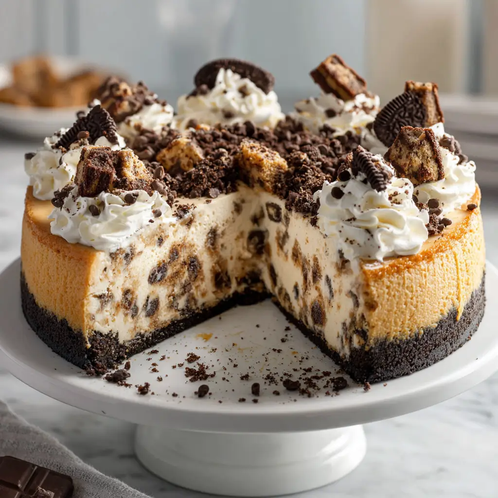 Cookie Dough Cheesecake: The Ultimate Indulgent Dessert 2 A whole cookie dough cheesecake, freshly baked and topped with balls of edible cookie dough, ready to be sliced and served.