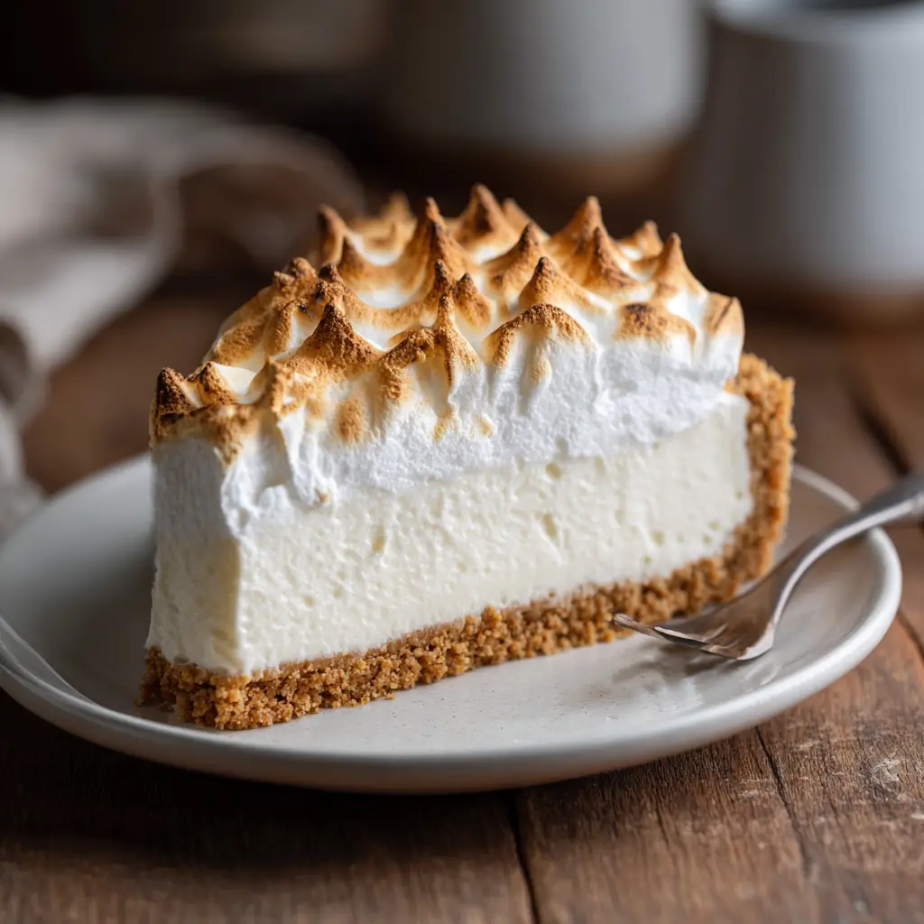 The whole no-bake marshmallow cheesecake in a springform pan, ready to be served. It has a smooth top and a perfectly formed graham cracker crust.